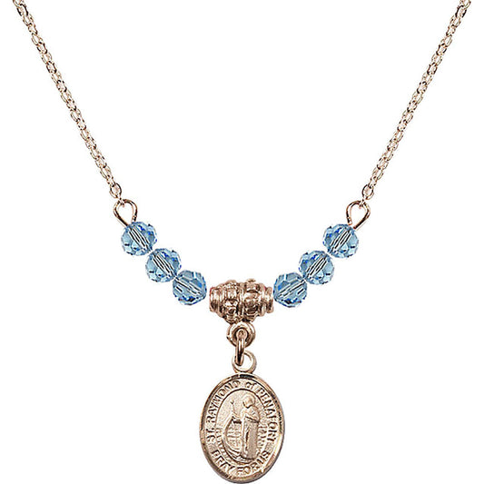 14kt Gold Filled Saint Raymond of Penafort Birthstone Necklace with Aqua Beads - 9385