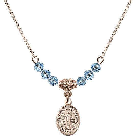 14kt Gold Filled Saint Bernadine of Sienna Birthstone Necklace with Aqua Beads - 9387