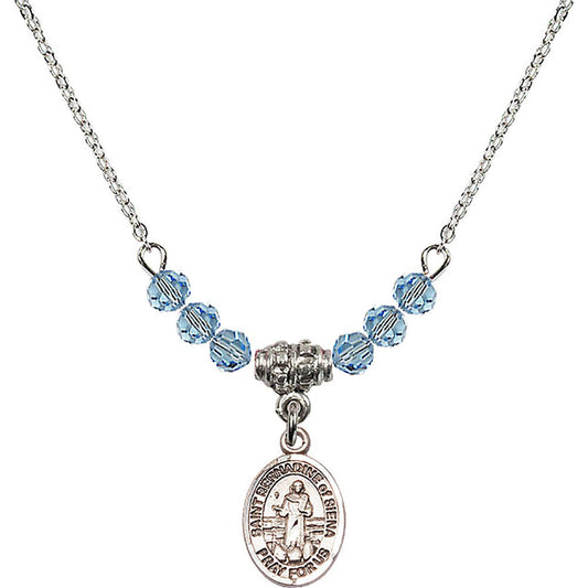 Sterling Silver Saint Bernadine of Sienna Birthstone Necklace with Aqua Beads - 9387