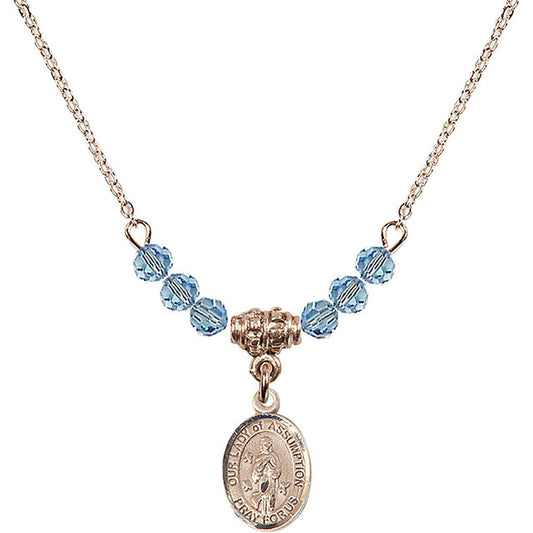 14kt Gold Filled Our Lady of Assumption Birthstone Necklace with Aqua Beads - 9388