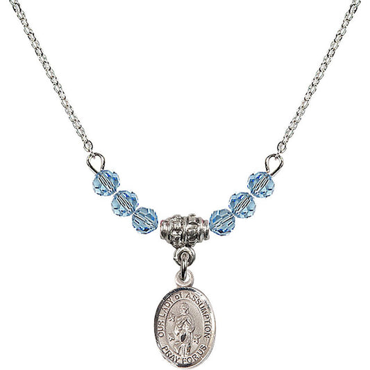 Sterling Silver Our Lady of Assumption Birthstone Necklace with Aqua Beads - 9388