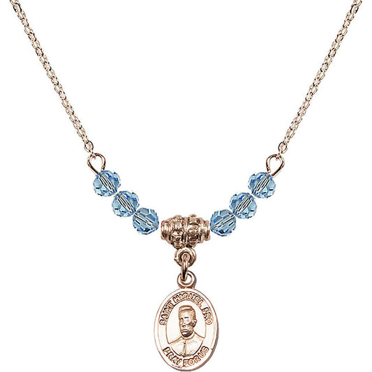 14kt Gold Filled Blessed Miguel Pro Birthstone Necklace with Aqua Beads - 9389