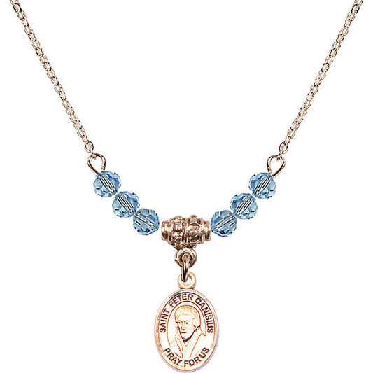 14kt Gold Filled Saint Peter Canisius Birthstone Necklace with Aqua Beads - 9393
