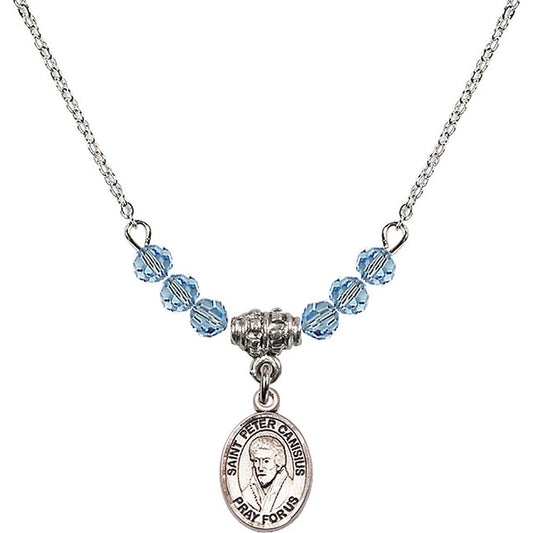 Sterling Silver Saint Peter Canisius Birthstone Necklace with Aqua Beads - 9393