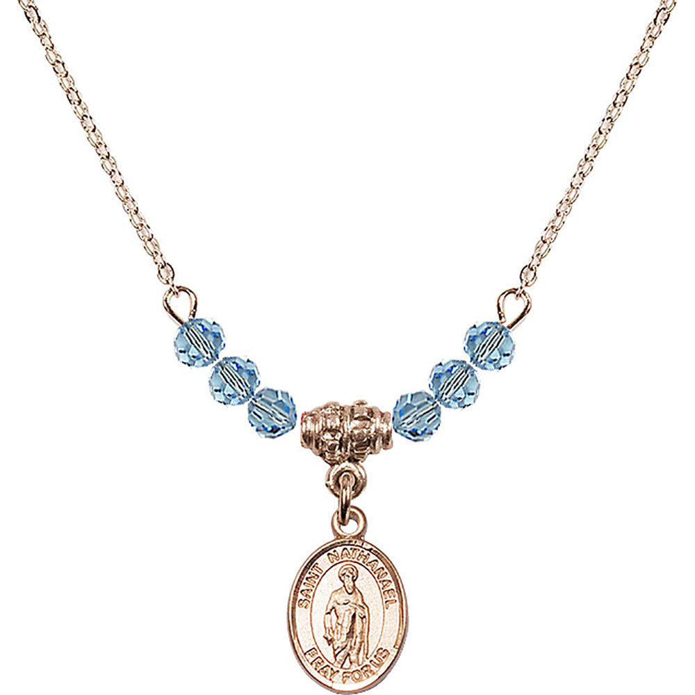 14kt Gold Filled Saint Nathanael Birthstone Necklace with Aqua Beads - 9398
