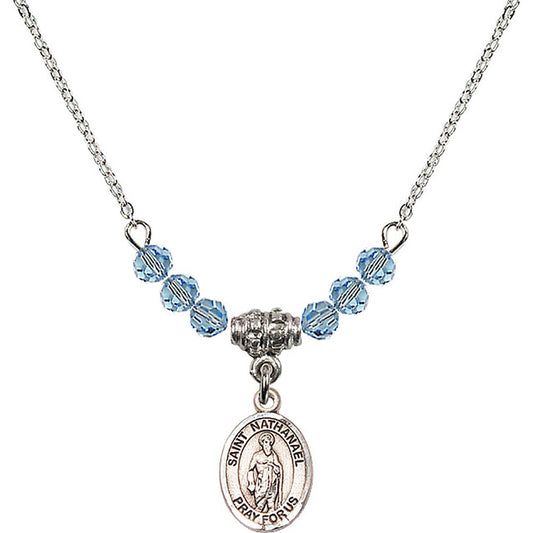 Sterling Silver Saint Nathanael Birthstone Necklace with Aqua Beads - 9398