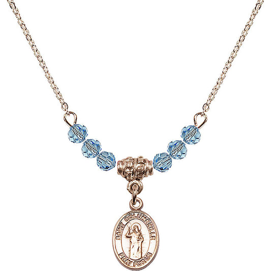 14kt Gold Filled Saint Columbkille Birthstone Necklace with Aqua Beads - 9399