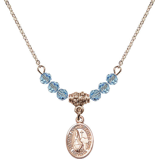 14kt Gold Filled Saint Jeanne Chezard de Matel Birthstone Necklace with Aqua Beads - 9401
