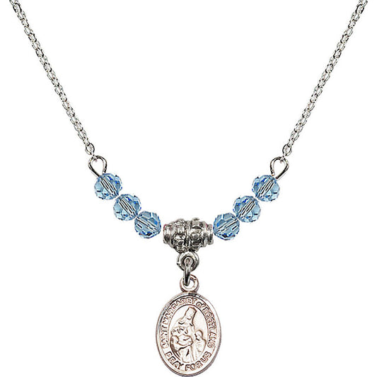 Sterling Silver Saint Margaret of Scotland Birthstone Necklace with Aqua Beads - 9407
