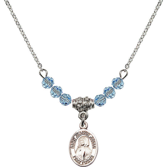 Sterling Silver Saint Jeanne Jugan Birthstone Necklace with Aqua Beads - 9409