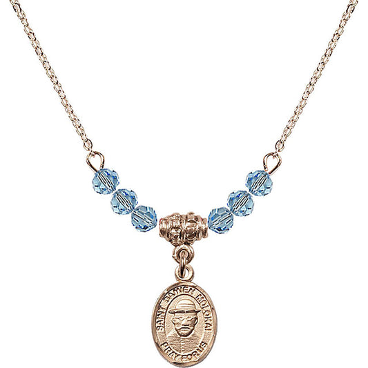 14kt Gold Filled Saint Damien of Molokai Birthstone Necklace with Aqua Beads - 9412