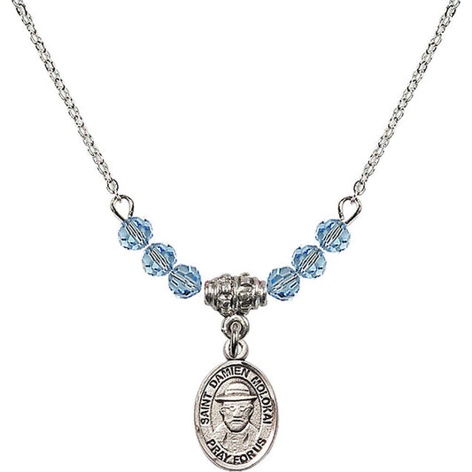 Sterling Silver Saint Damien of Molokai Birthstone Necklace with Aqua Beads - 9412