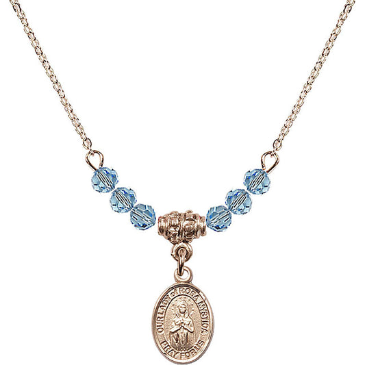 14kt Gold Filled Our Lady of Rosa Mystica Birthstone Necklace with Aqua Beads - 9413