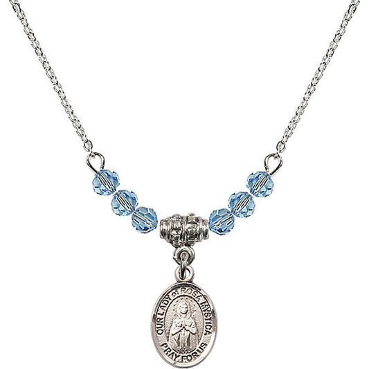 Sterling Silver Our Lady of Rosa Mystica Birthstone Necklace with Aqua Beads - 9413