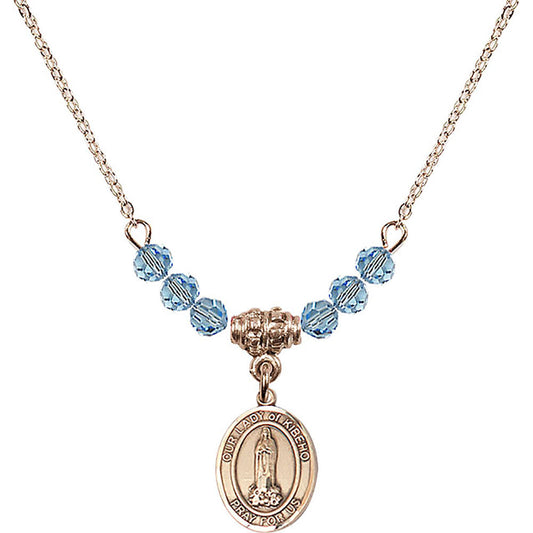 14kt Gold Filled Our Lady of Kibeho Birthstone Necklace with Aqua Beads - 9414