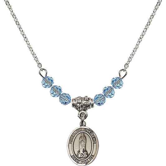 Sterling Silver Our Lady of Kibeho Birthstone Necklace with Aqua Beads - 9414