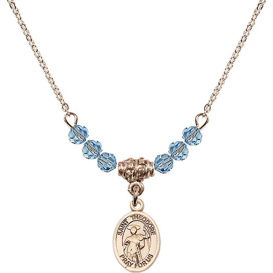 14kt Gold Filled Saint Theodore Stratelates Birthstone Necklace with Aqua Beads - 9415
