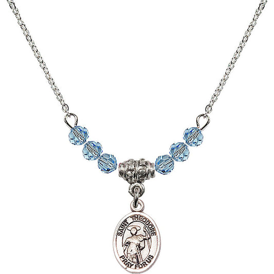 Sterling Silver Saint Theodore Stratelates Birthstone Necklace with Aqua Beads - 9415