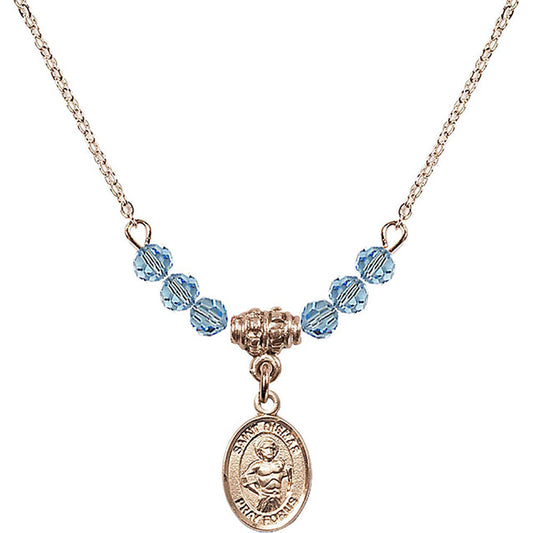 14kt Gold Filled Saint Dismas Birthstone Necklace with Aqua Beads - 9418