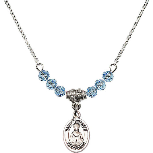 Sterling Silver Saint Winifred of Wales Birthstone Necklace with Aqua Beads - 9419