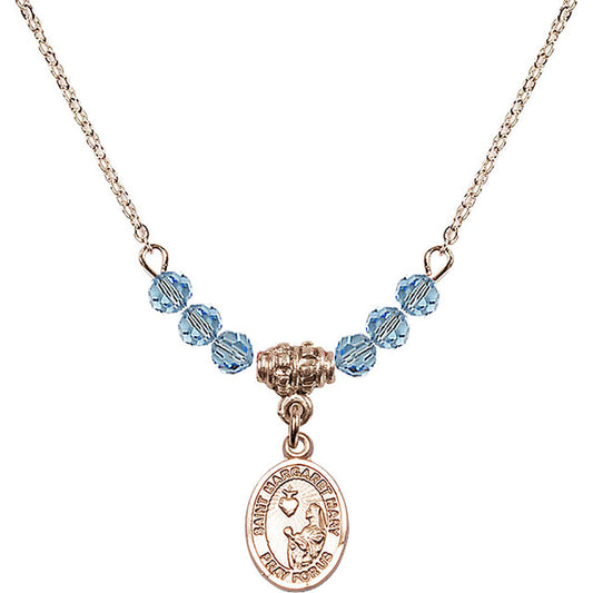 14kt Gold Filled Saint Margaret Mary Alacoque Birthstone Necklace with Aqua Beads - 9420