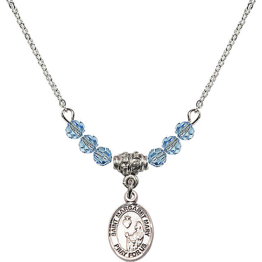Sterling Silver Saint Margaret Mary Alacoque Birthstone Necklace with Aqua Beads - 9420