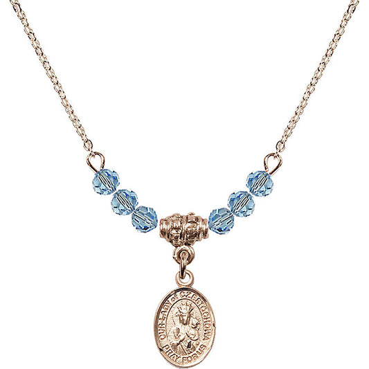 14kt Gold Filled Our Lady of Czestochowa Birthstone Necklace with Aqua Beads - 9421