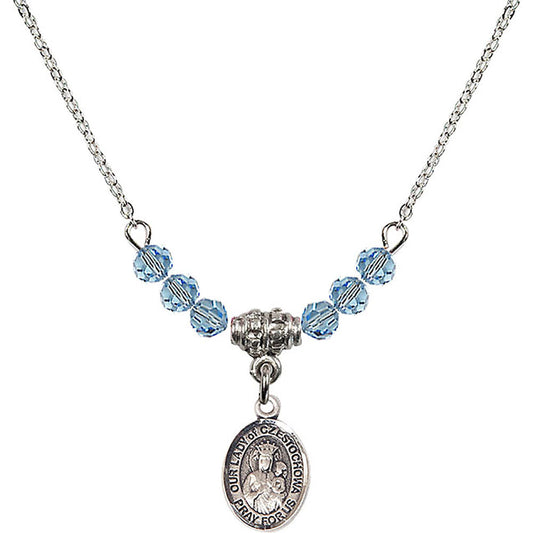 Sterling Silver Our Lady of Czestochowa Birthstone Necklace with Aqua Beads - 9421