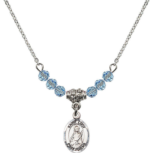 Sterling Silver Saint Lucy Birthstone Necklace with Aqua Beads - 9422