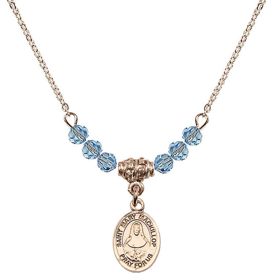 14kt Gold Filled Saint Mary Mackillop Birthstone Necklace with Aqua Beads - 9425