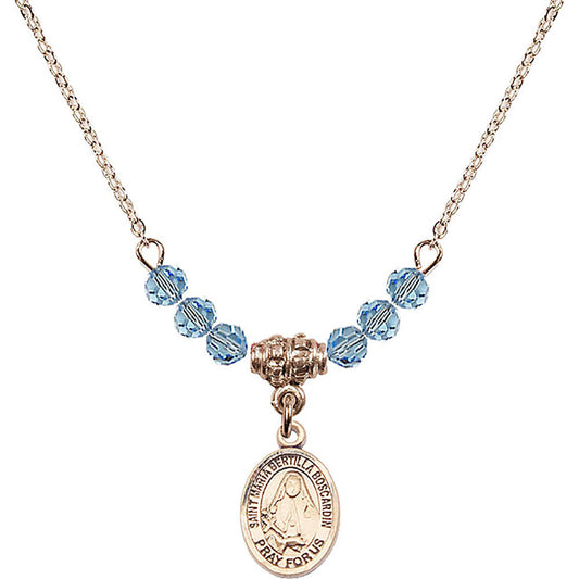 14kt Gold Filled Saint Maria Bertilla Boscardin Birthstone Necklace with Aqua Beads - 9428