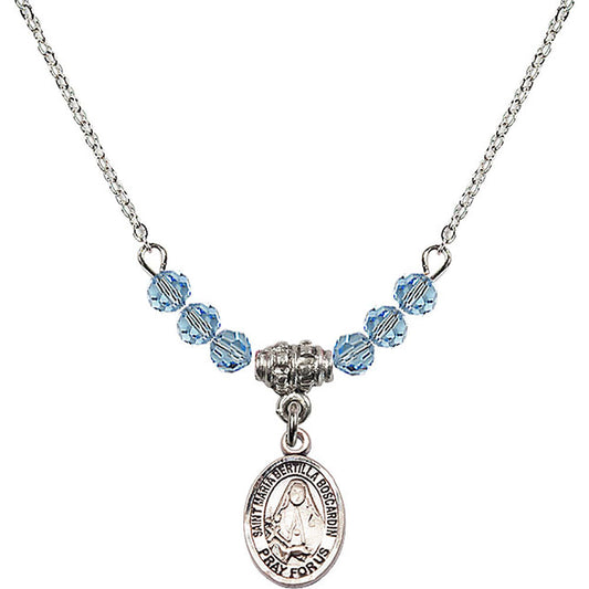 Sterling Silver Saint Maria Bertilla Boscardin Birthstone Necklace with Aqua Beads - 9428