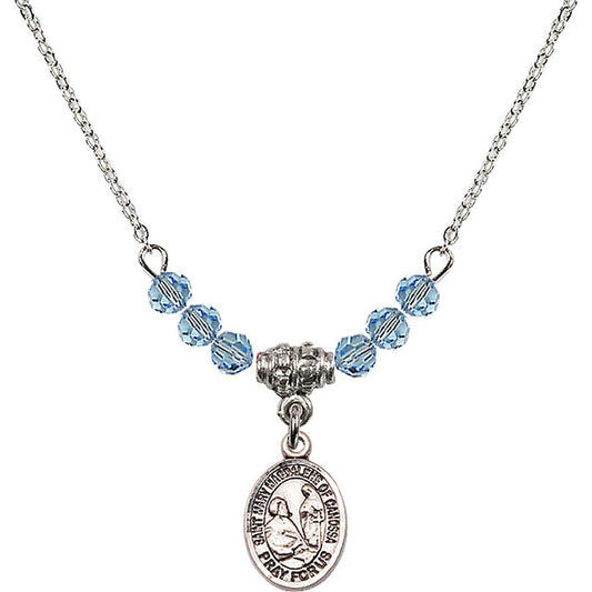 Sterling Silver Saint Mary Magdalene of Canossa Birthstone Necklace with Aqua Beads - 9429