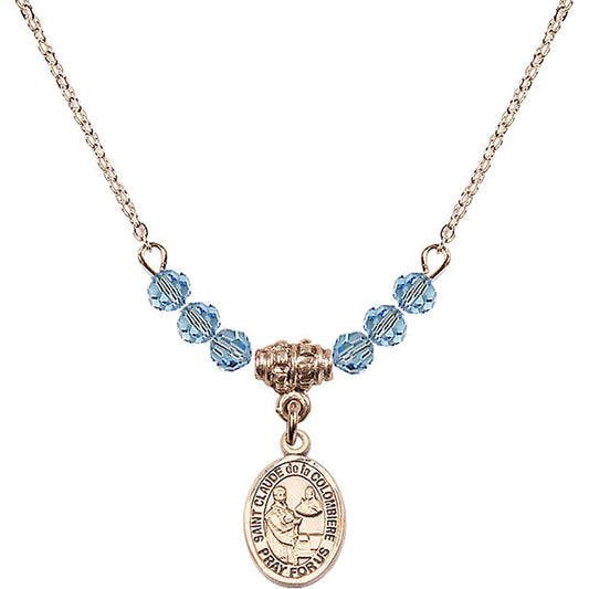 14kt Gold Filled Saint Claude de la Colombiere Birthstone Necklace with Aqua Beads - 9432