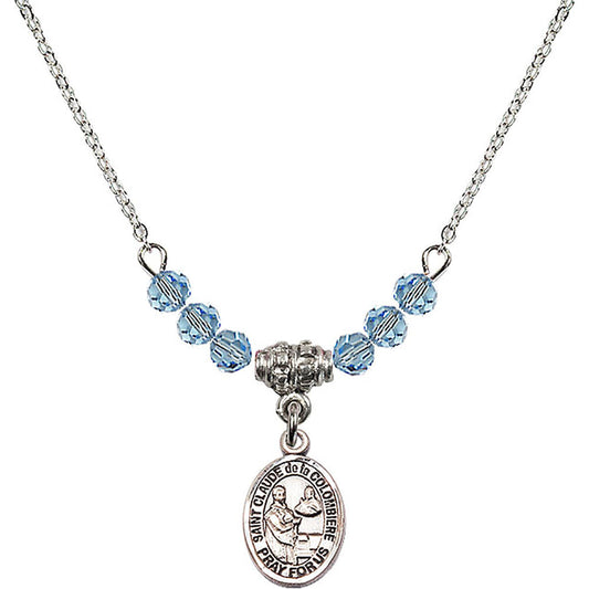 Sterling Silver Saint Claude de la Colombiere Birthstone Necklace with Aqua Beads - 9432
