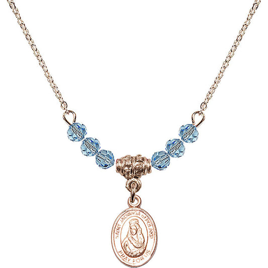 14kt Gold Filled Saint Jadwiga of Poland Birthstone Necklace with Aqua Beads - 9434