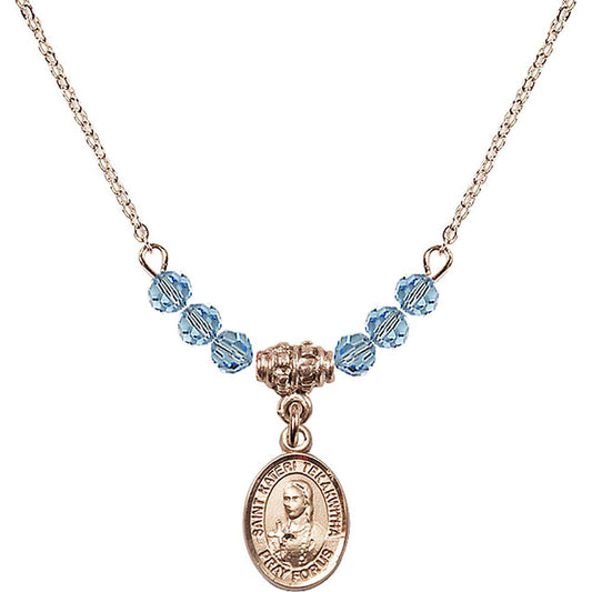 14kt Gold Filled Saint Kateri Tekakwitha Birthstone Necklace with Aqua Beads - 9438