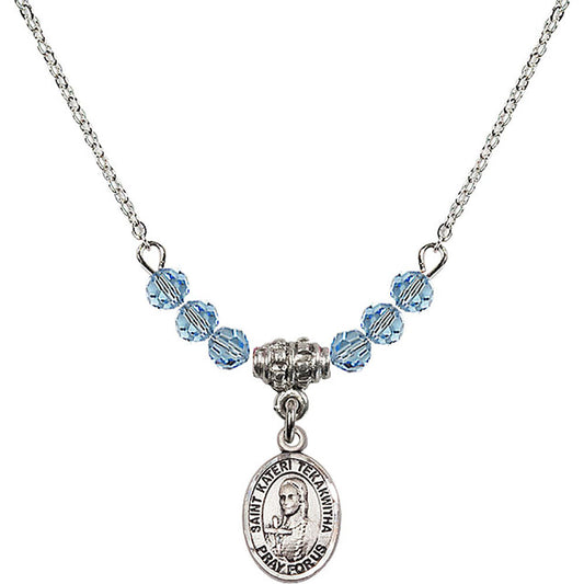 Sterling Silver Saint Kateri Tekakwitha Birthstone Necklace with Aqua Beads - 9438