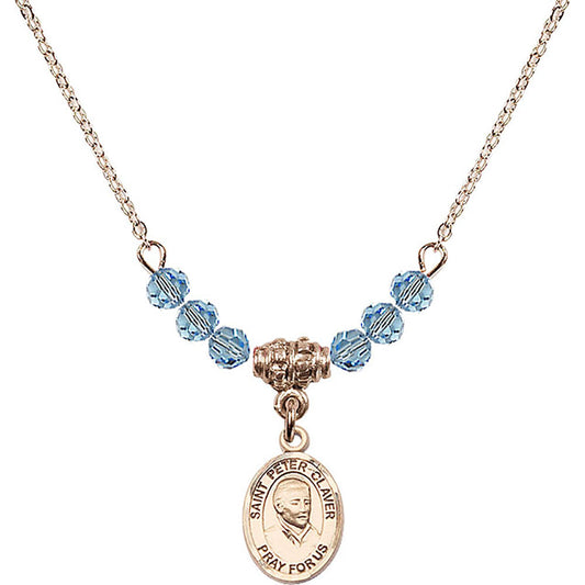 14kt Gold Filled Saint Peter Claver Birthstone Necklace with Aqua Beads - 9442