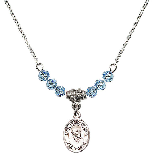 Sterling Silver Saint Peter Claver Birthstone Necklace with Aqua Beads - 9442