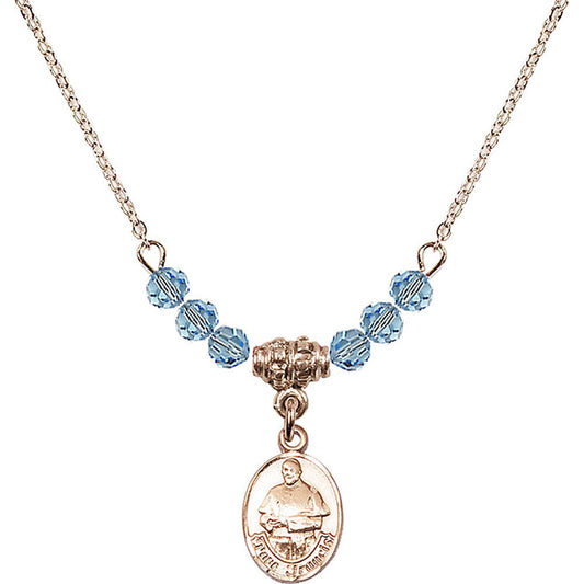 14kt Gold Filled Pope Francis Birthstone Necklace with Aqua Beads - 9451
