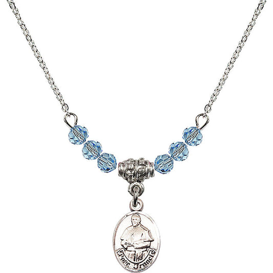 Sterling Silver Pope Francis Birthstone Necklace with Aqua Beads - 9451