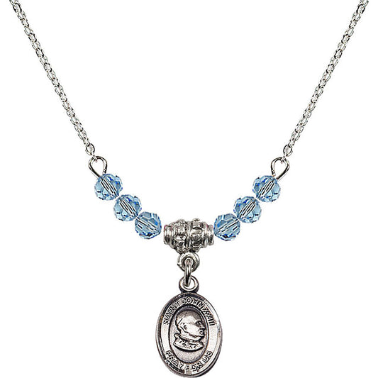 Sterling Silver Saint John XXIII Birthstone Necklace with Aqua Beads - 9455