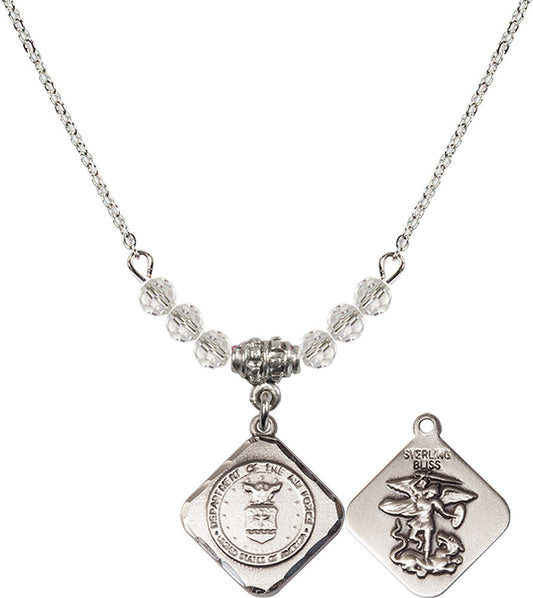 Sterling Silver Air Force Diamond Birthstone Necklace with Crystal Beads - 1180
