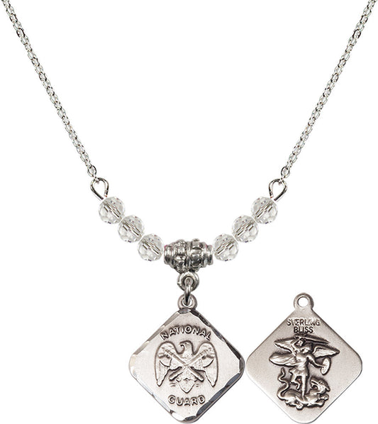 Sterling Silver Nat'l Guard Diamond Birthstone Necklace with Crystal Beads - 1180