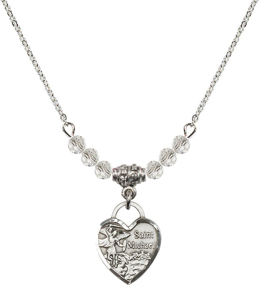 Sterling Silver Saint Michael Heart Birthstone Necklace with Crystal Beads - 3403