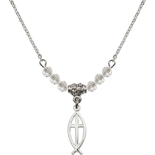 Sterling Silver Fish / Cross Birthstone Necklace with Crystal Beads - 4251