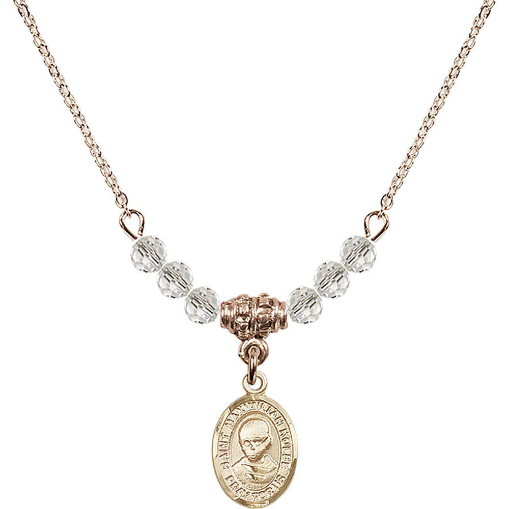 14kt Gold Filled Saint Maximilian Kolbe Birthstone Necklace with Crystal Beads - 9073