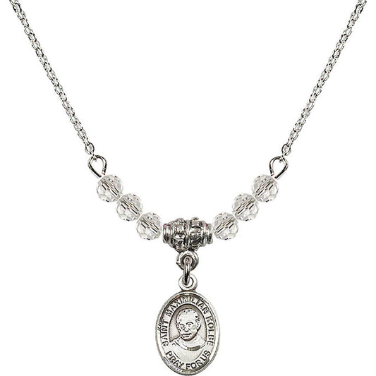 Sterling Silver Saint Maximilian Kolbe Birthstone Necklace with Crystal Beads - 9073