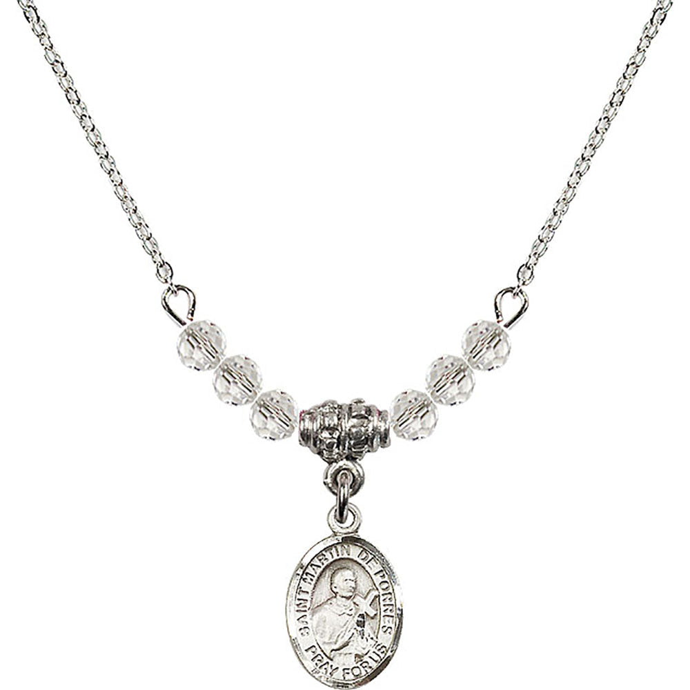 Sterling Silver Saint Martin de Porres Birthstone Necklace with Crystal Beads - 9089